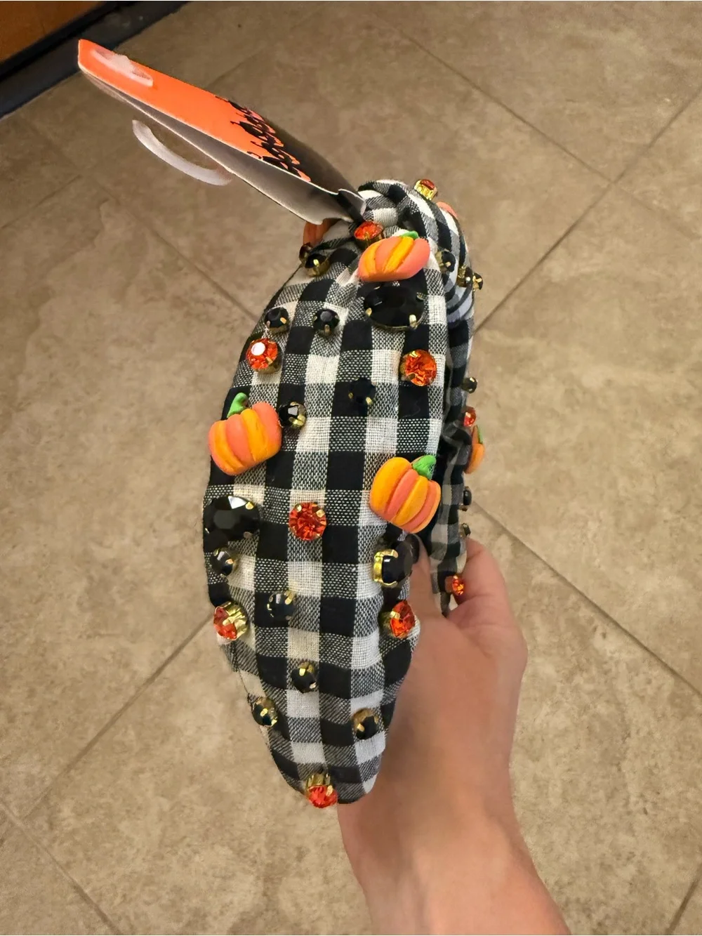Black & White Gingham women’s  Headband with Orange Pumpkin Accents